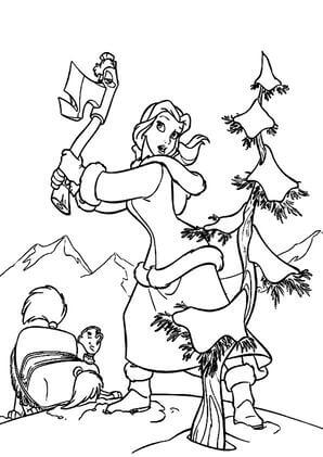 Kolorowanki Belle cortando el árbol de Navidad