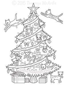 Kolorowanki Gatitos con árbol de Navidad