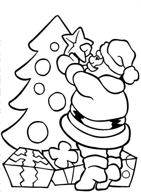 Kolorowanki Santa preparando el árbol de Navidad