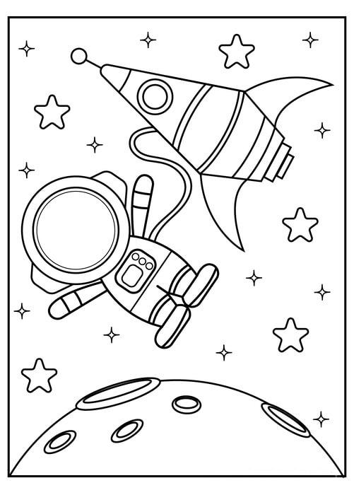Kot Astronauta W Przestrzeni Kosmicznej W Pobliżu Statku Kosmicznego.  Ilustracja Wektorowa Dla Kolorowanka.