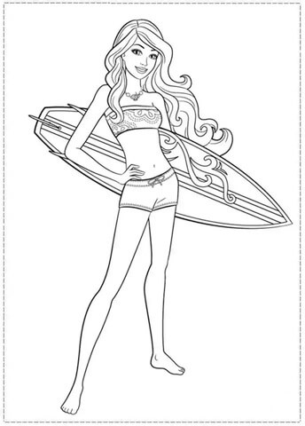Kolorowanki Barbie Trzymająca deskę Surfingową na Plaży