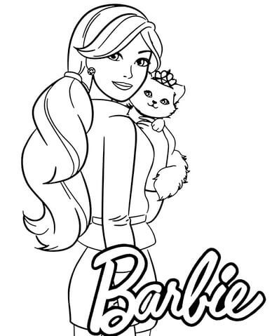 Kolorowanka Barbie trzymająca Kitty