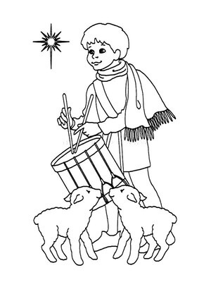 Kolorowanka Chłopiec Grający na Bębnie i dwie Małe Owieczki