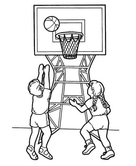 Kolorowanka Dwoje Dzieci Grających w Koszykówkę