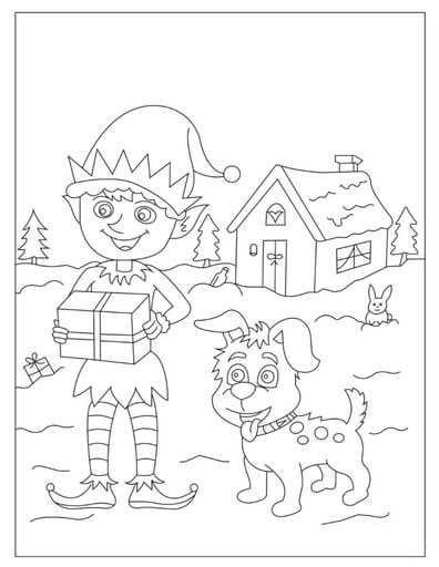 Kolorowanka Elf trzymający Pudełko i Psa