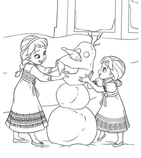 Kolorowanka Elsa i Anna robią bałwanki w Krainie Lodu
