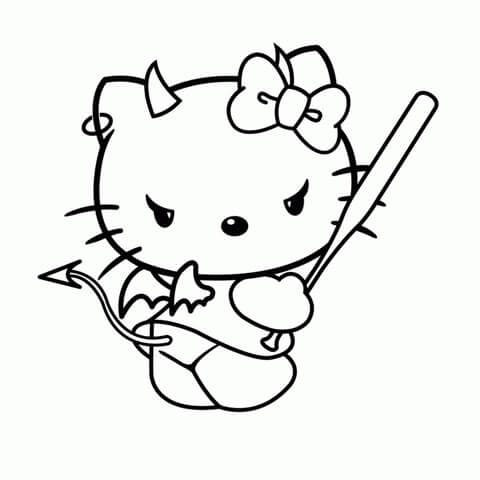 Kolorowanka Hello Kitty Diabeł Trzymający kij Baseballowy
