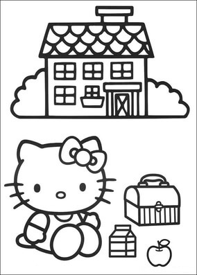 Kolorowanka Hello Kitty siedząca na Zewnątrz Domu