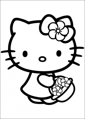 Kolorowanka Hello Kitty Trzymająca Kosz Kwiatów