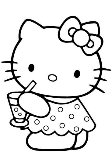 Kolorowanka Hello Kitty trzymająca Szklankę Wody