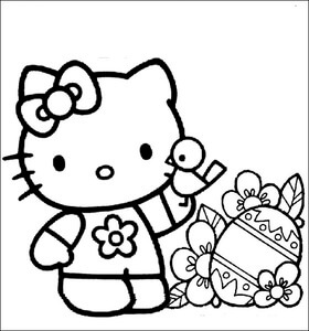 Kolorowanka Hello Kitty z Pisklęciem i Jajkiem Wielkanocnym