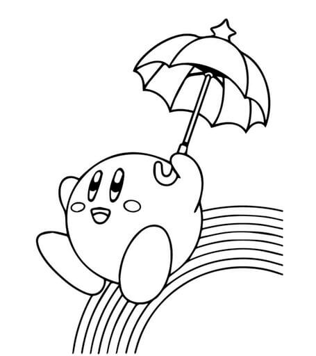 Kolorowanka Kirby Trzymający Parasolkę z Tęczą