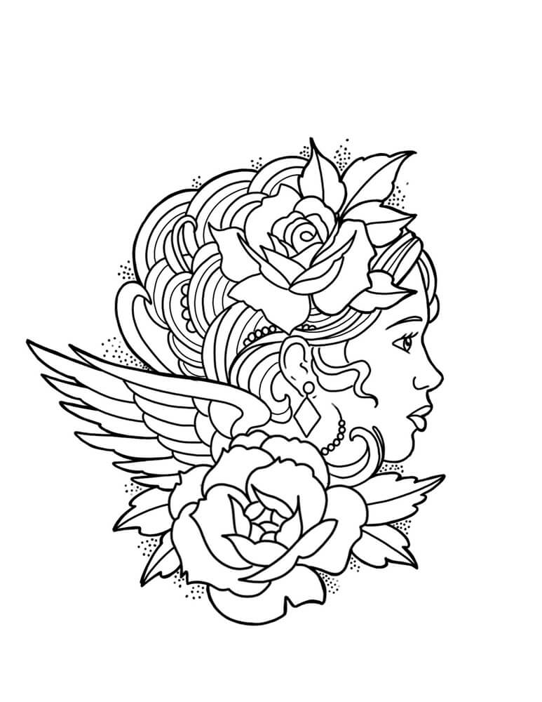 Kolorowanka Kobieta z Tatuażem z Różą i Skrzydłami