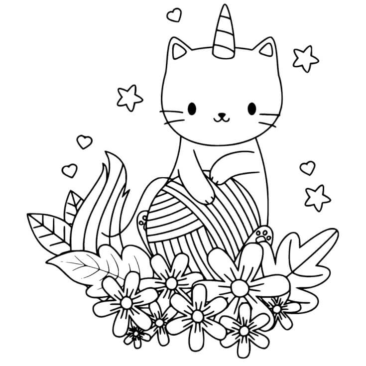 Kolorowanka Kot Jednorożec z Kwiatami