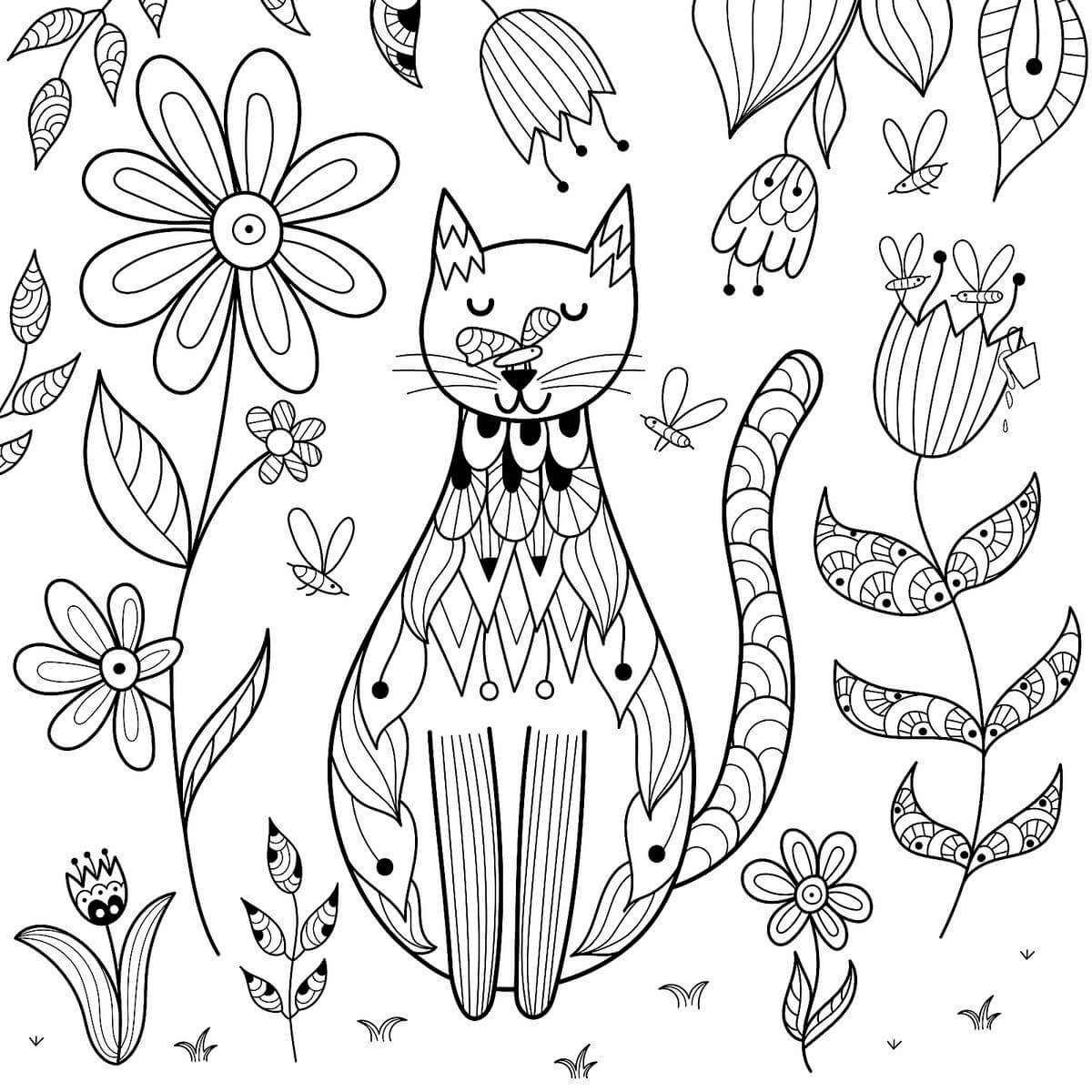 Kolorowanka Kot z Kwiatami