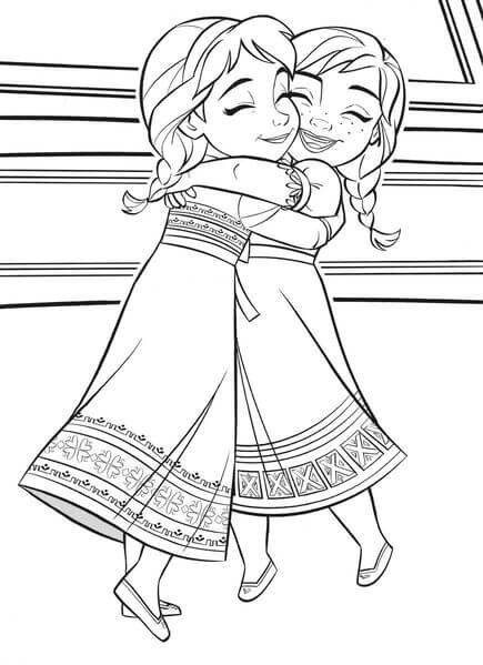 Kolorowanka Mała Elsa i Anna przytulają się w Krainie Lodu