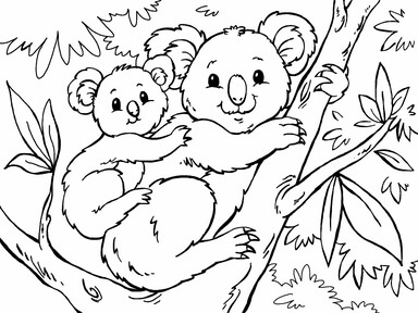 Kolorowanka Matka Koala z Małą Koalą na Drzewie