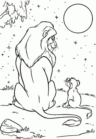 Kolorowanka Mufasa i Simba Obserwujący Księżyc