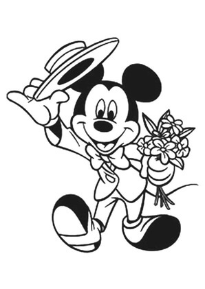 Kolorowanka Myszka Miki trzymająca Kwiaty