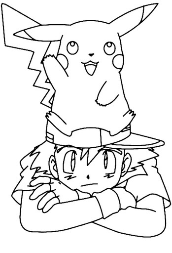 Kolorowanka Pikachu siedzący na głowie Satoshi