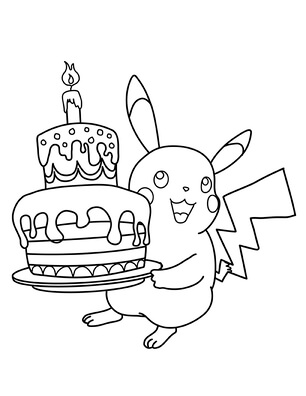 Kolorowanka Pikachu Trzymający Tort Urodzinowy