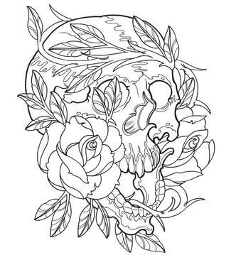 Kolorowanka Podstawowa czaszka z tatuażem róży i Kwiatów