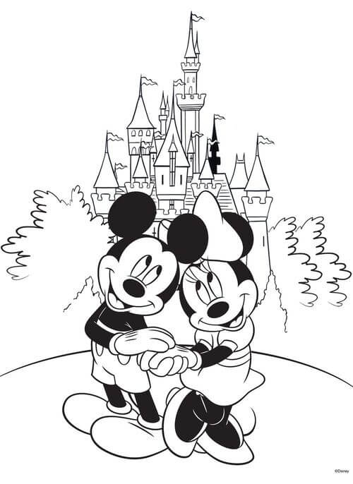 Kolorowanki Słodki Mickey i Minnie przed Zamkiem