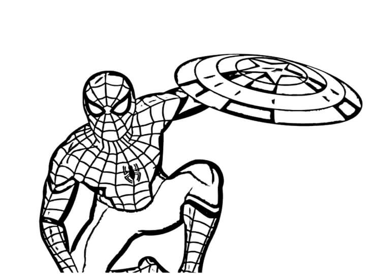 Kolorowanki Spider-Man trzymający tarczę Kapitana Ameryki