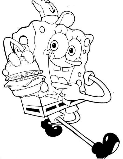 Kolorowanka SpongeBob Trzymający Hamburgera