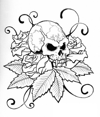 Kolorowanka Straszna Czaszka z Tatuażem Róży i Kwiatów
