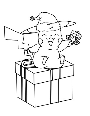 Kolorowanka Świąteczny pikachu siedzący na Pudełku Prezentowym