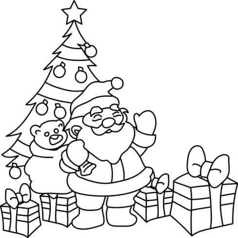 Kolorowanka Święty Mikołaj i miś z Choinką