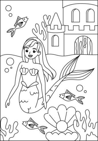 Kolorowanka Syrenka i trzy Ryby z Zamkiem