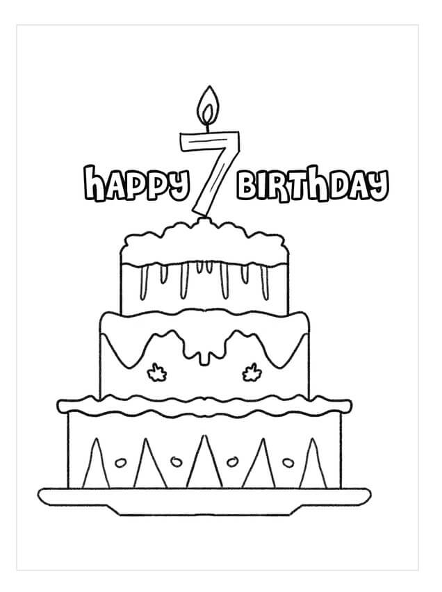 Kolorowanka Szczęśliwy tort na 7 Urodziny