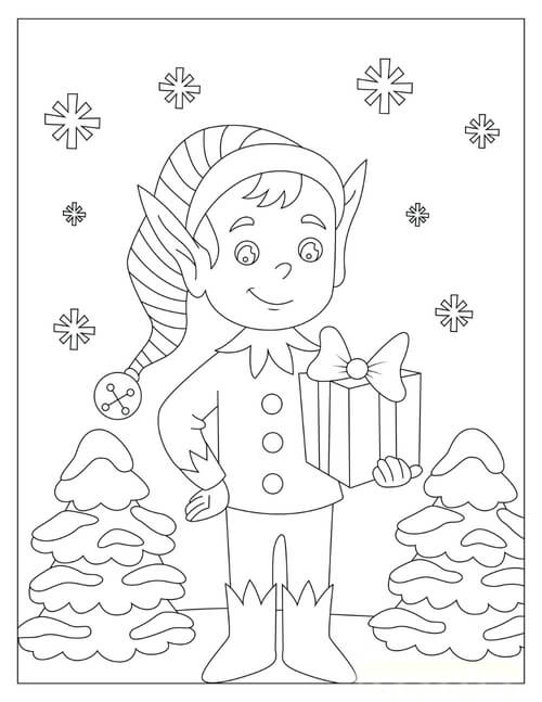 Kolorowanka Uśmiechnięty Elf Trzymający Pudełko na Prezent