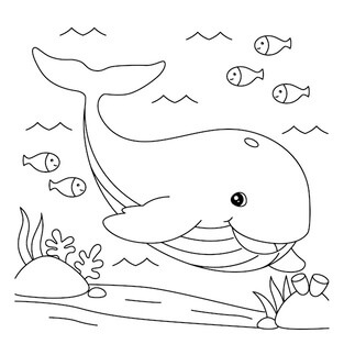 Kolorowanka Zabawny Wieloryb z Trzema Rybami