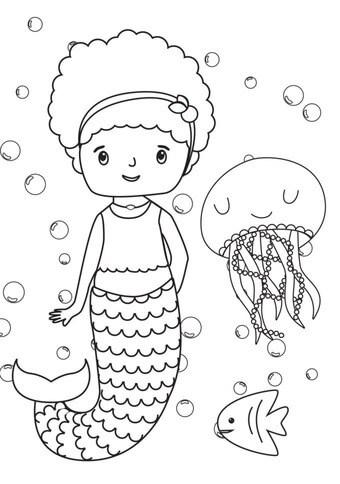 Kolorowanki Mermaid, Fish and Jellyfish