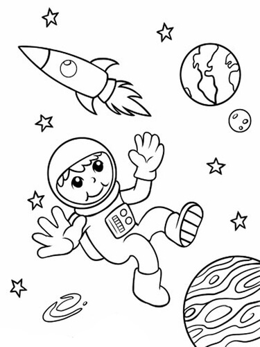 Kot Astronauta W Przestrzeni Kosmicznej W Pobliżu Statku Kosmicznego.  Ilustracja Wektorowa Dla Kolorowanka.