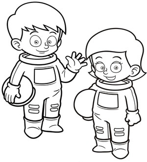 Kolorowanka Astronauta z dziewczyną i Chłopcem