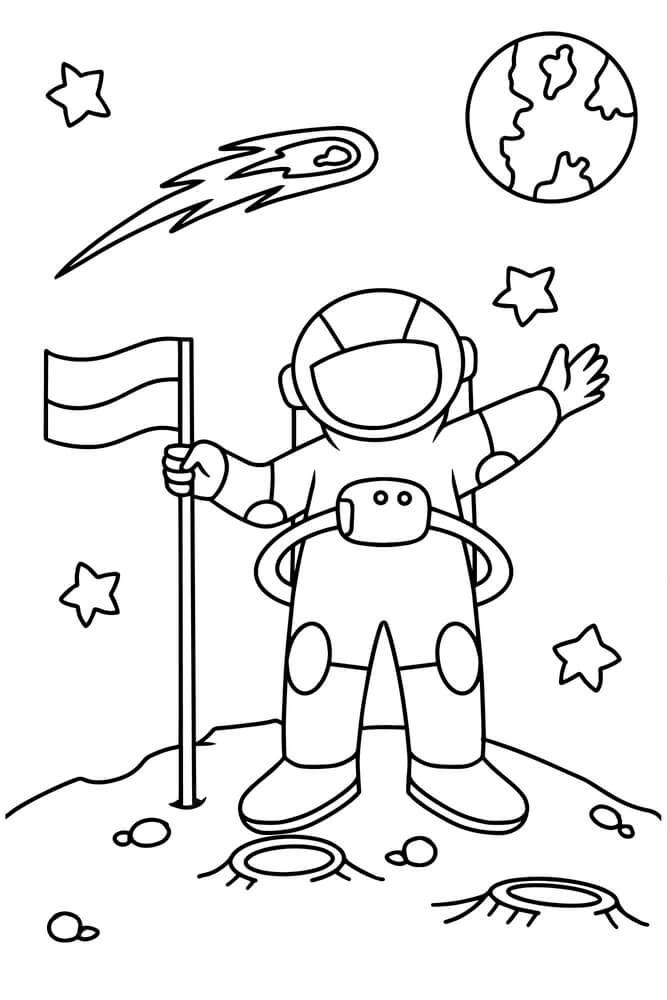 Kolorowanki Astronauta z Flagą na Planecie