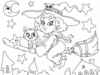 Kolorowanki The Witch and the Cat on the broom with Stars