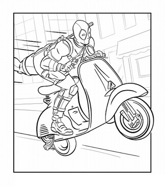 Kolorowanka Deadpool jeżdżący Motocyklem