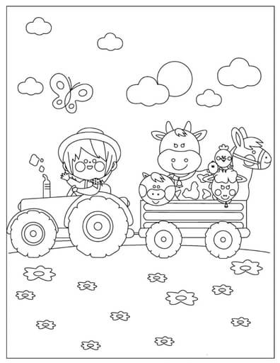 Kolorowanka Dziewczyny Jeżdżą Traktorem ze Zwierzętami