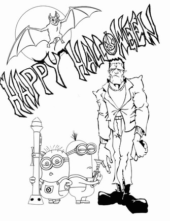 Kolorowanka Halloween z Frankensteinem i Minionkami