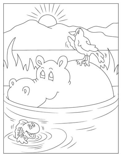Kolorowanka Hipopotam z Ptakiem i Rybą