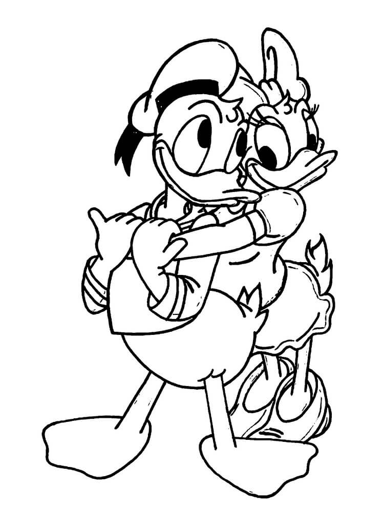 Kolorowanka Kaczka Daisy przytula Kaczora Donalda