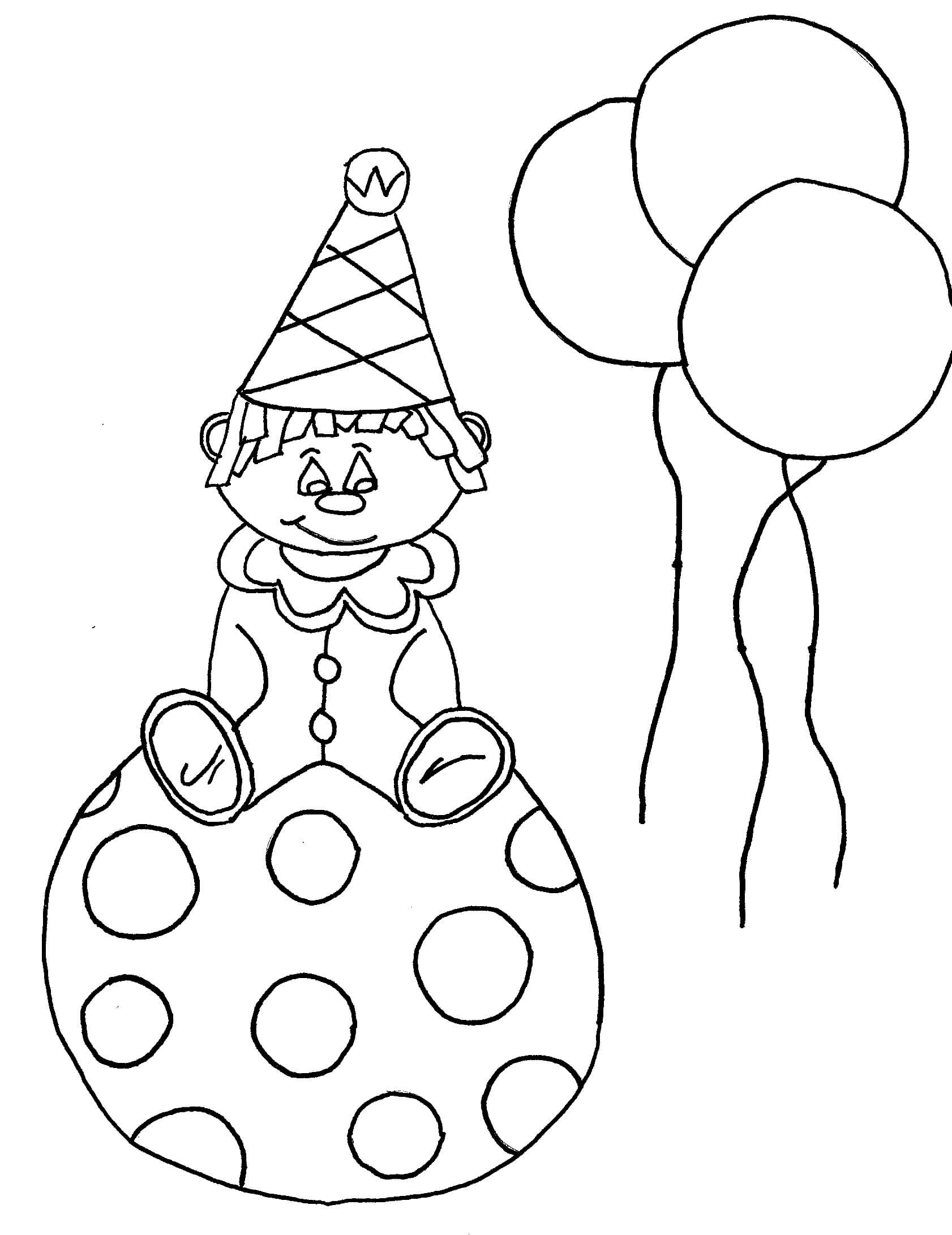 Kolorowanka Klaun Siedzący na Piłce z Balonami