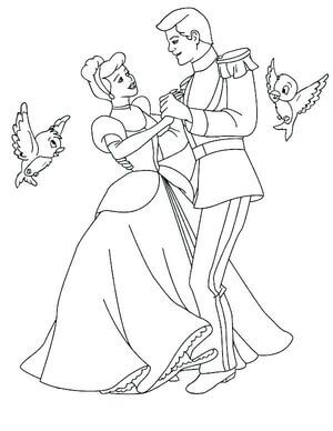 Kolorowanki Kopciuszek i Książę Tańczący z Dwoma Ptakami