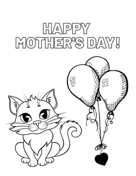 Kolorowanka Kot z balonami na Dzień Matki