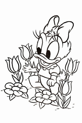 Kolorowanka Mała Kaczka Daisy z Kwiatami